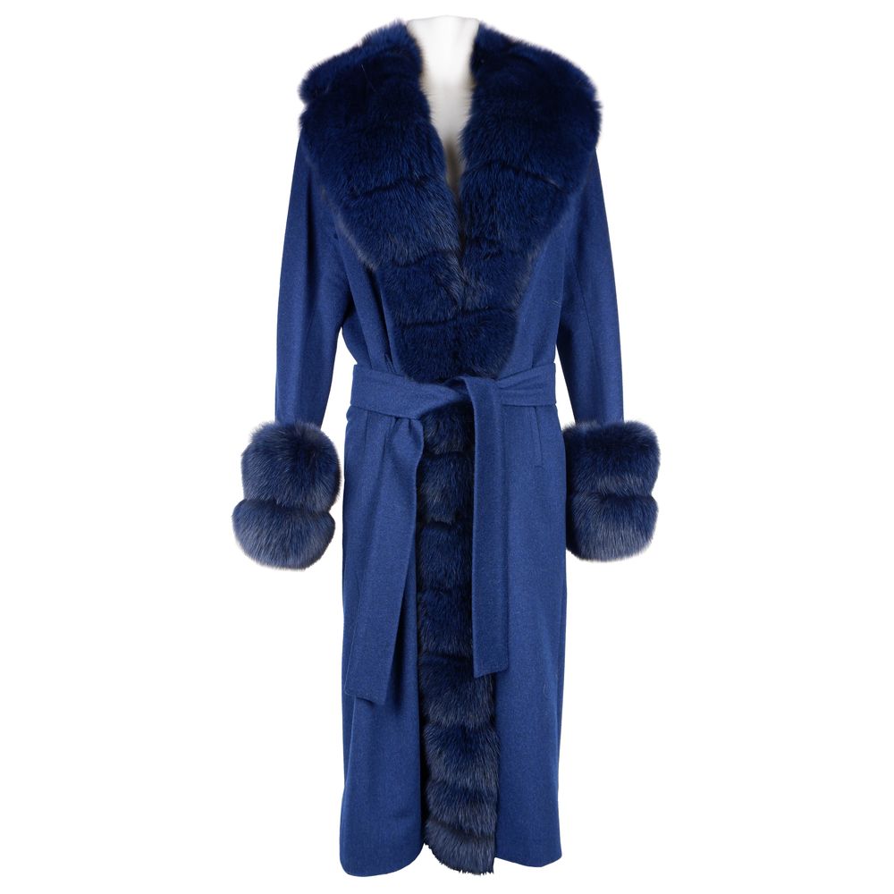 Made in Italy Blue Wool Women Coat with Fox Fur Collar and Edges
